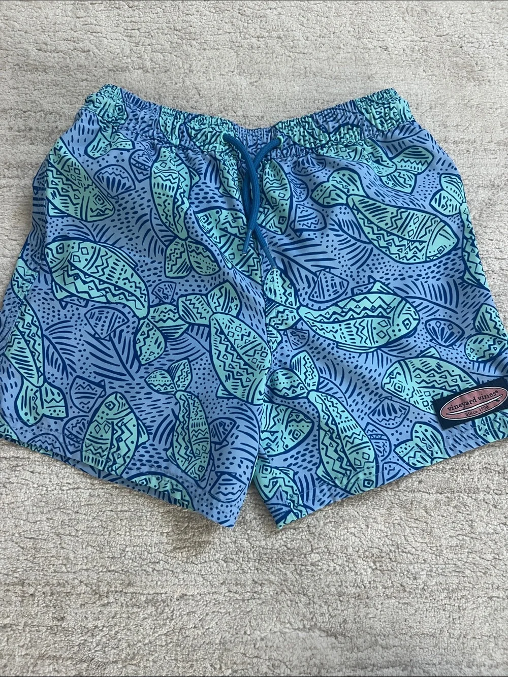 Vineyard Vines Blue & Aqua Fish Motif Kids Swim Trunks